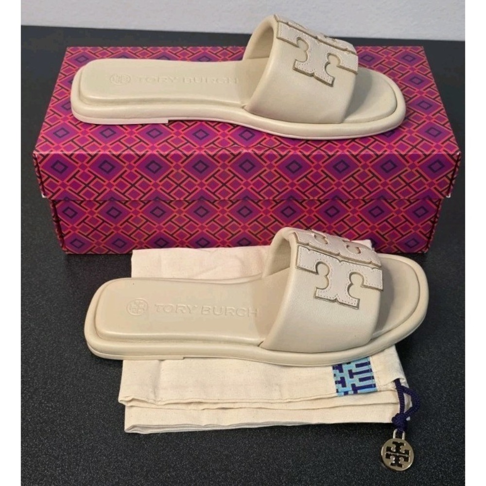 Tory Burch Women Double T Sport Slide Sandals Nude Beige 6M Slip On Shoe Flats